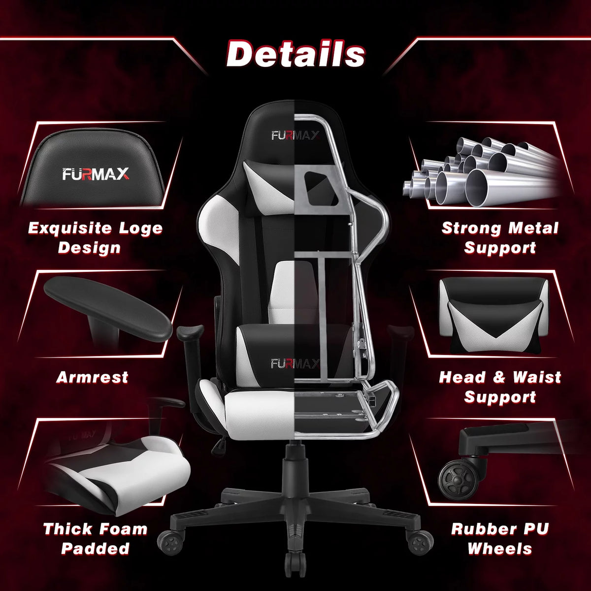 Black White High-Back Ergonomic Office Chair with Headrest and Lumbar Pillow Z617