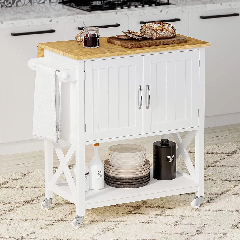 White Kitchen Island on Wheels with Storage Cabinet and Drop Leaf G3567