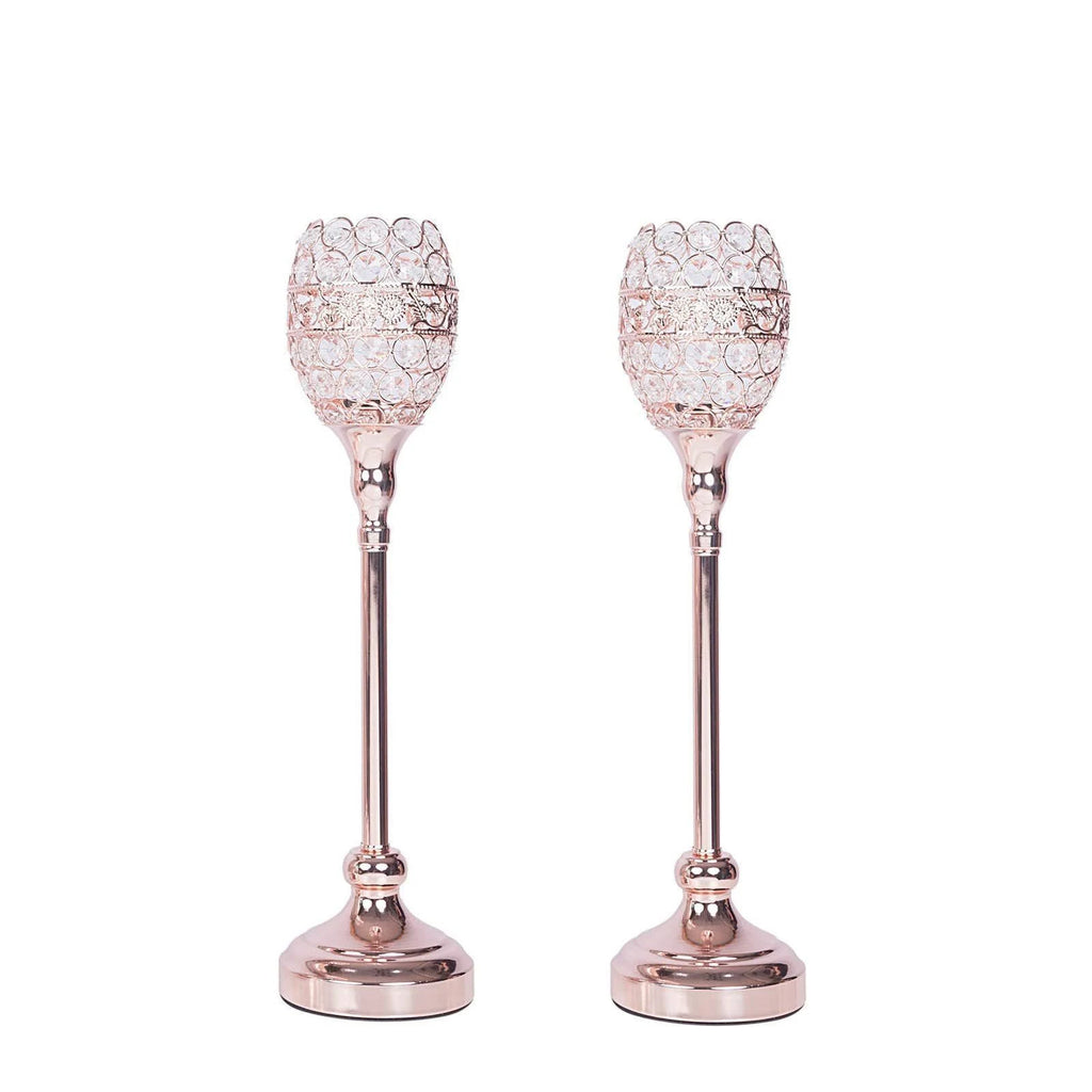 2 Rose Gold 18x22 Tall Faux Crystal Beaded Candle Holders X698