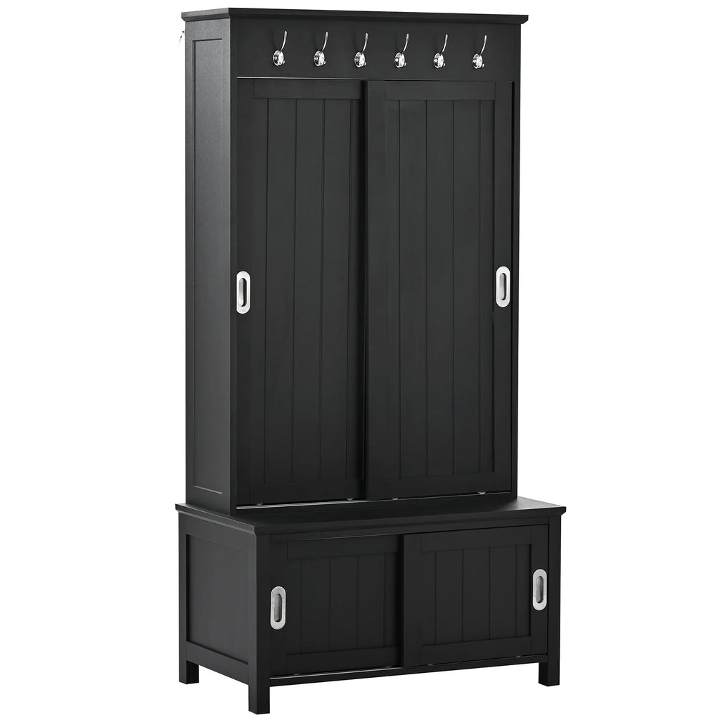 Black Wooden Hall Tree with Bench and Shoe Storage D608