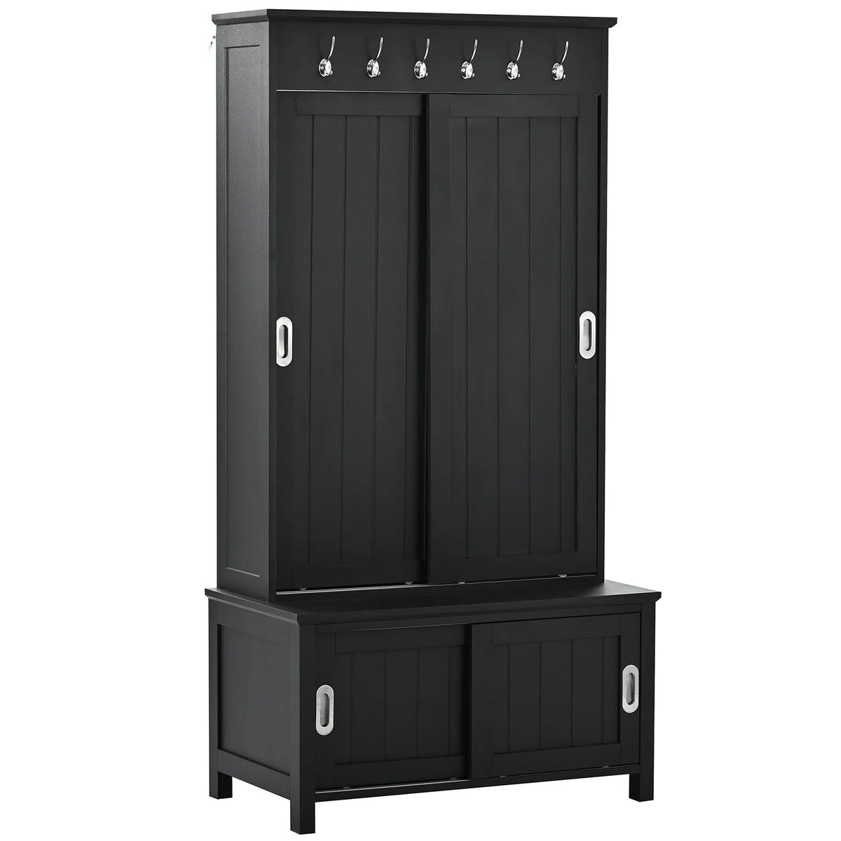 Black Wooden Hall Tree with Bench and Shoe Storage D608