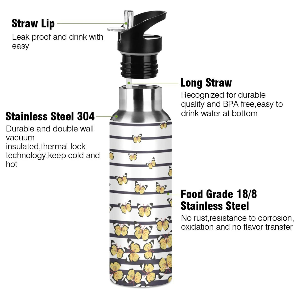 Navy Blue Striped Stainless Steel Vacuum Insulated Water Bottle with Straw Lid 20 OZ K787