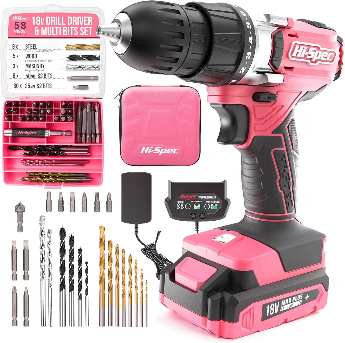 58 Piece 18V Pink Drill Driver & S2 Bit Set Cordless Power Drilling Electric Screwdriver Tool Case Pack of 2 I8204