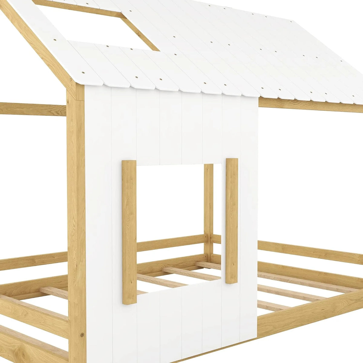 White Natural Full Size Wood House Bed with Roof and Window J267