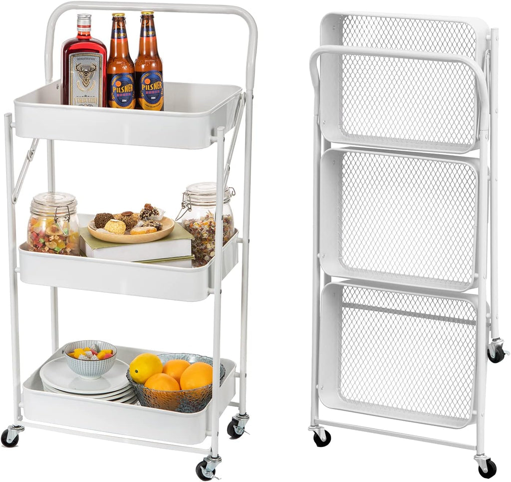 3 Tier Foldable Metal Rolling Cart with Wheels (Pink) S4930