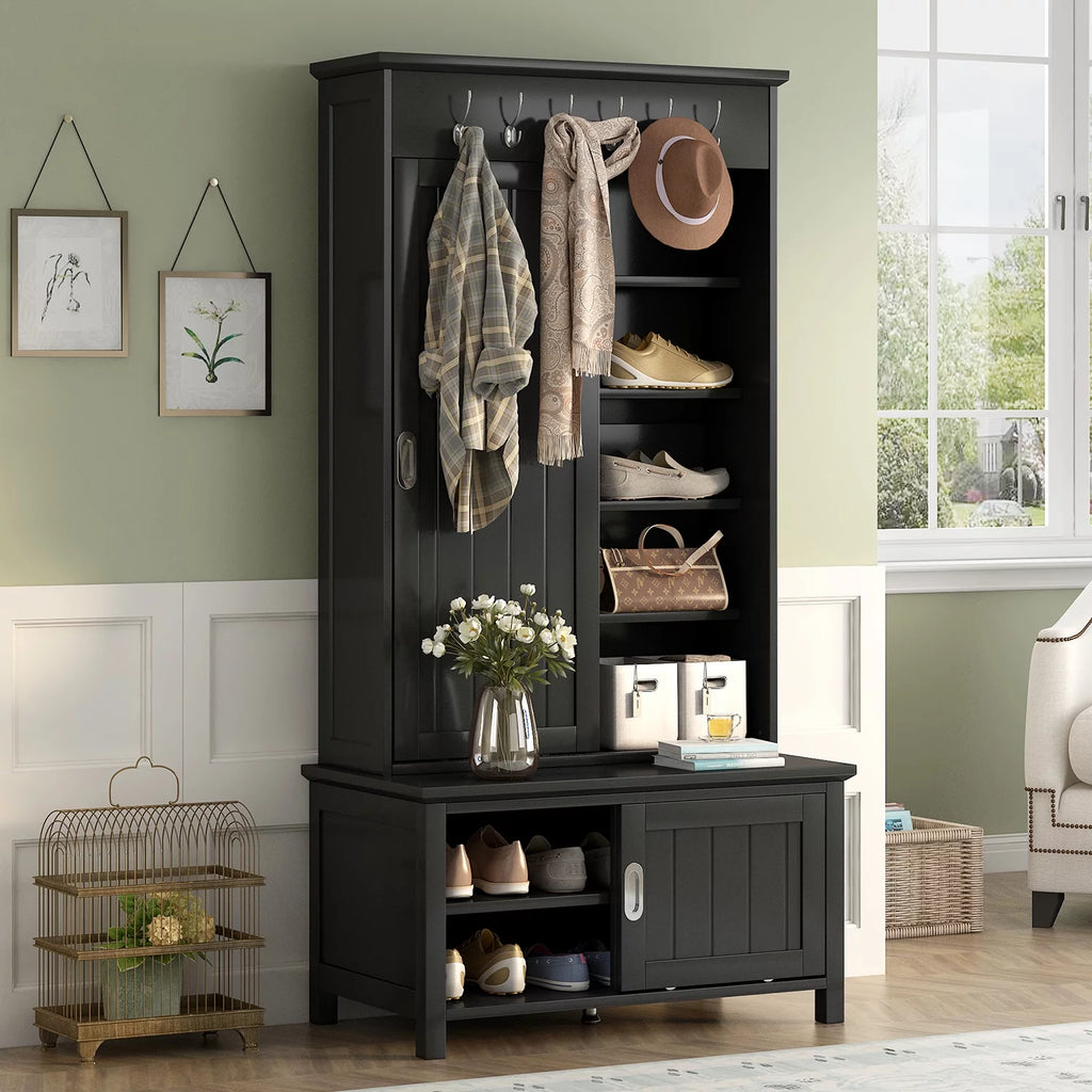 Black Wooden Hall Tree with Bench and Shoe Storage D608
