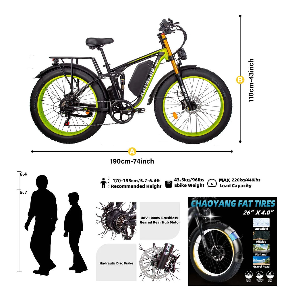 26" Electric Mountain Bike with 48V 17.5Ah Removable Battery 1000W Full Suspension Dual Hydraulic Disc Brake N121