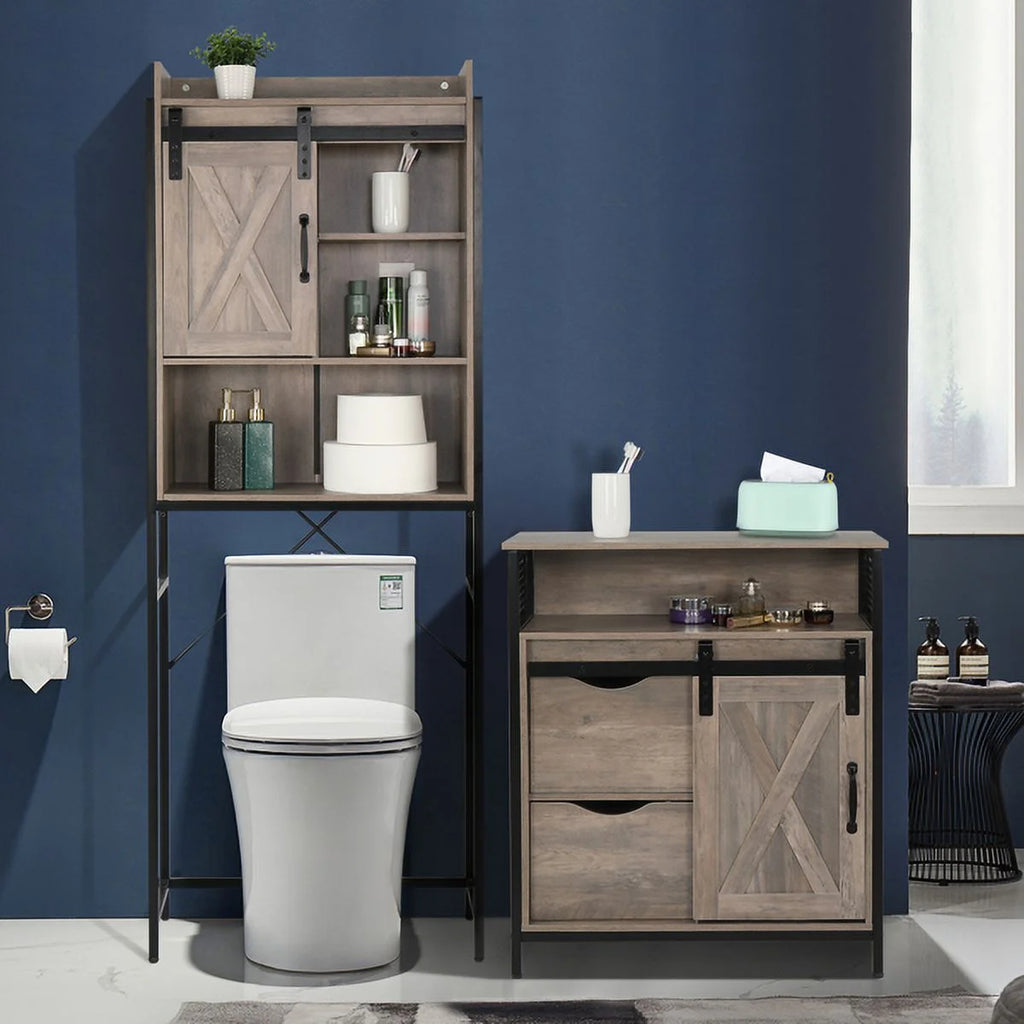 Gray Matte MDF Sliding Door Bathroom Cabinet with Two Drawers and Shelves U735225